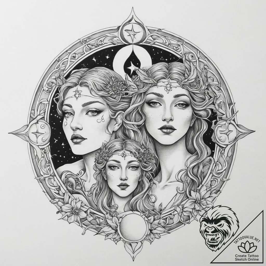 Tattoo sketch triple moon goddess and stars,... - tattoo sketch (№1757103631_0, 05.09.2025 20:20) — tattoovalue.net