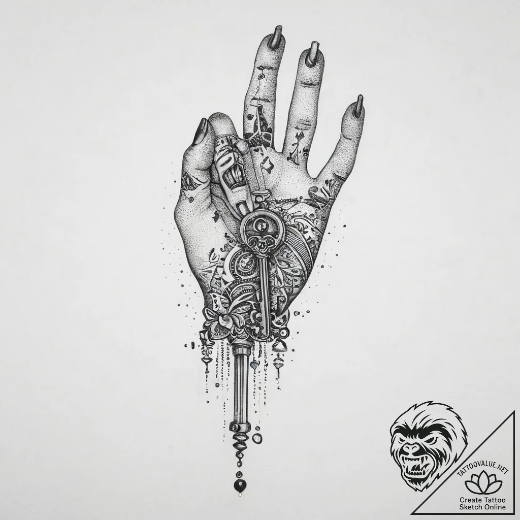 Tattoo sketch hands with a key, artistic tatt... - tattoo sketch (№1757106428_0, 05.09.2025 21:07) — tattoovalue.net