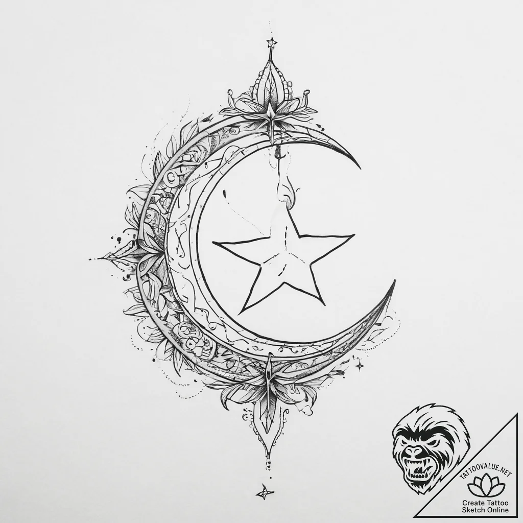 Tattoo sketch star and crescent - tattoo sketch (№1757133988_0, 06.09.2025 04:46) — tattoovalue.net