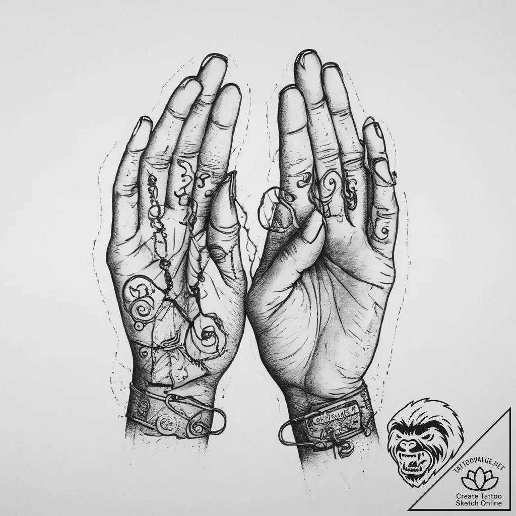 Tattoo sketch hands with a letter, tattoo lin... - tattoo sketch (№1757139872_0, 06.09.2025 06:24) — tattoovalue.net