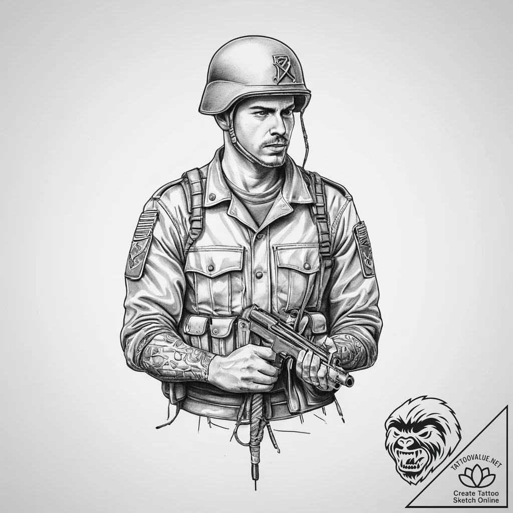 Tattoo sketch soldier with a knot, ink illust... - tattoo sketch (№1757141444_0, 06.09.2025 06:50) — tattoovalue.net