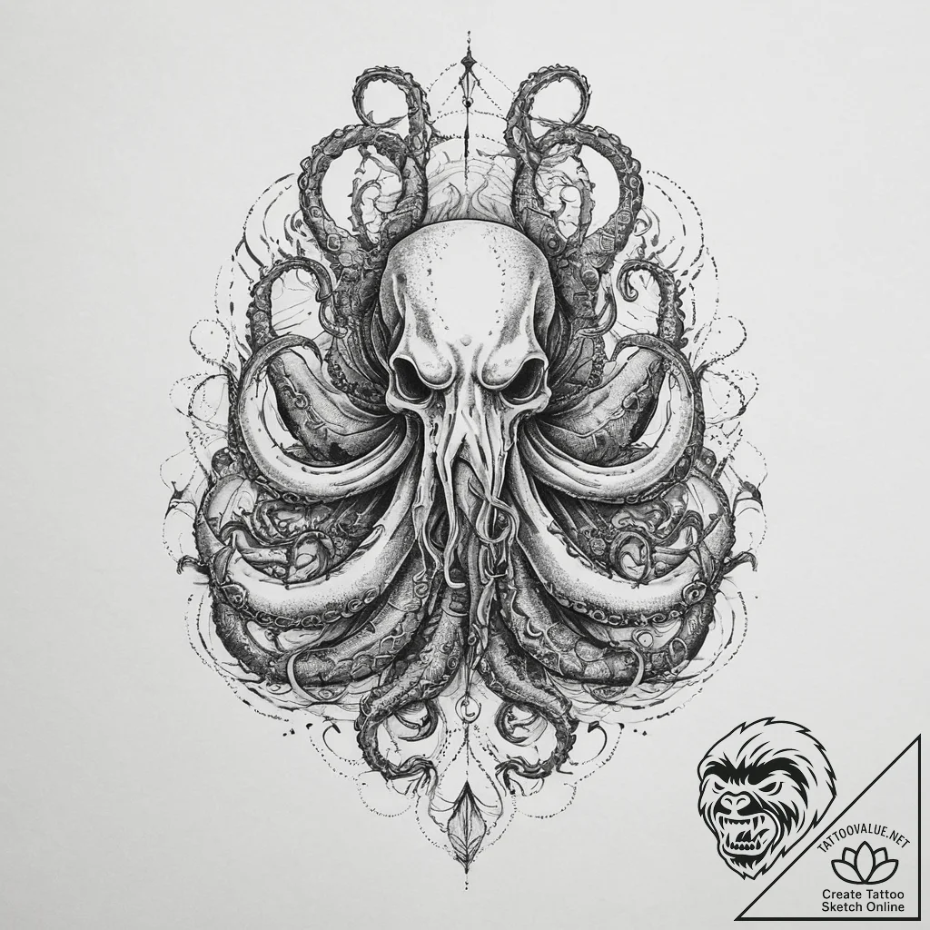 Tattoo sketch kraken, tattoo line art, on a c... - tattoo sketch (№1757142620_0, 06.09.2025 07:10) — tattoovalue.net