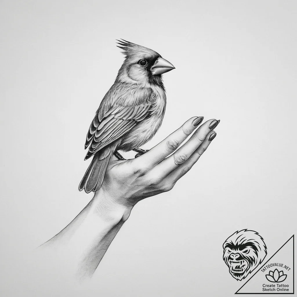 Tattoo sketch hands with a cardinal - tattoo sketch (№1757147930_0, 06.09.2025 08:38) — tattoovalue.net