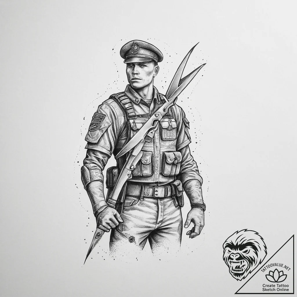 Tattoo sketch soldier with a scissors, tattoo... - tattoo sketch (№1757148517_0, 06.09.2025 08:48) — tattoovalue.net