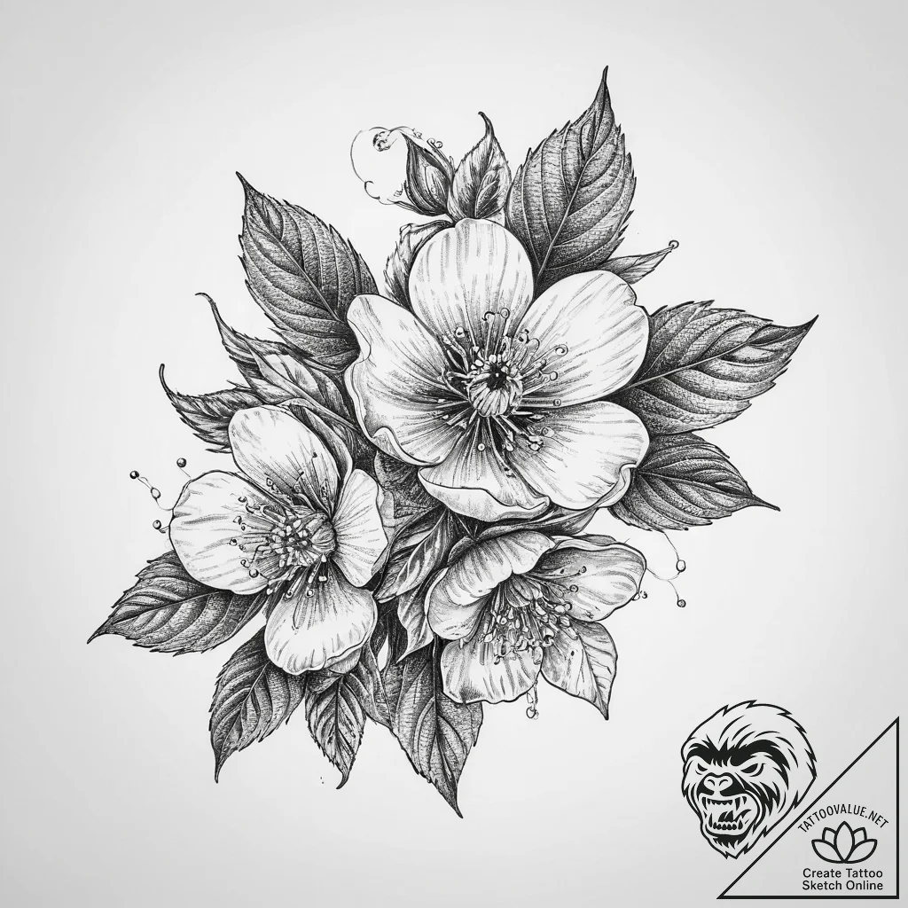 Tattoo sketch raspberry blossom - tattoo sketch (№1757149301_0, 06.09.2025 09:01) — tattoovalue.net