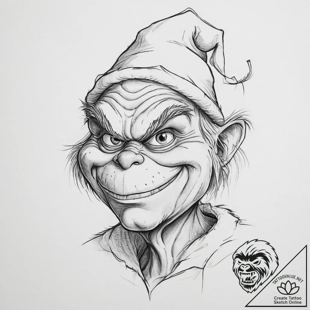 Tattoo sketch the grinch with a foot, artisti... - tattoo sketch (№1757158696_0, 06.09.2025 11:38) — tattoovalue.net