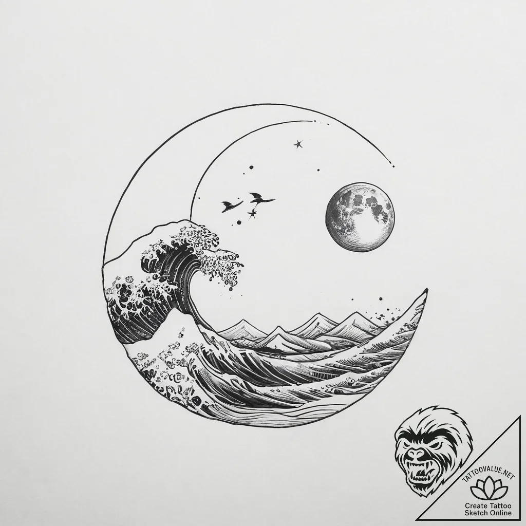 Tattoo sketch wave with a moon - tattoo sketch (№1757164222_0, 06.09.2025 13:10) — tattoovalue.net
