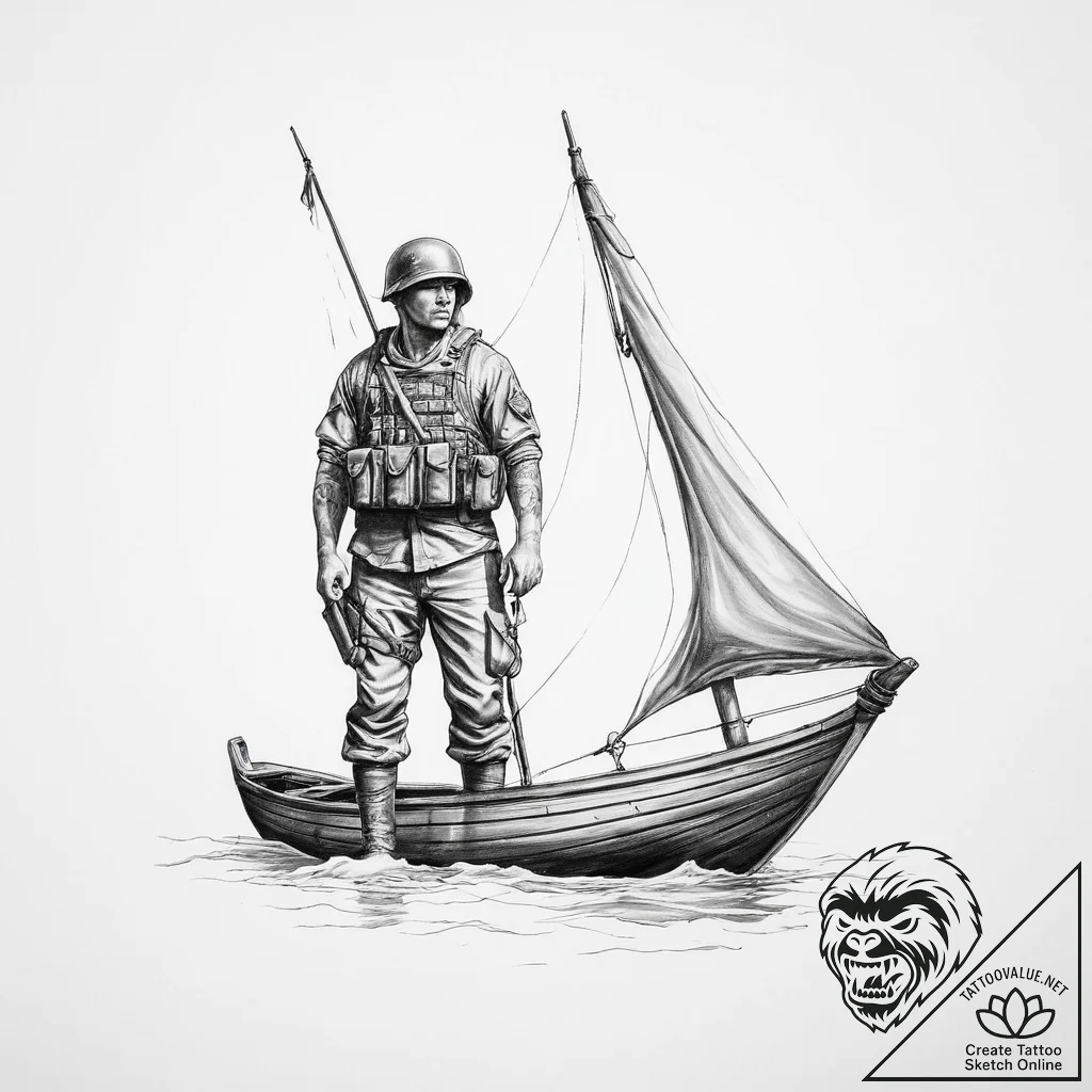 Tattoo sketch soldier with a boat - tattoo sketch (№1757164421_0, 06.09.2025 13:13) — tattoovalue.net
