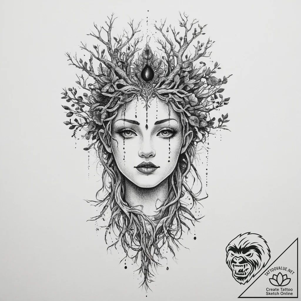 Tattoo sketch dryad with roots, tattoo drawin... - tattoo sketch (№1757174574_0, 06.09.2025 16:02) — tattoovalue.net