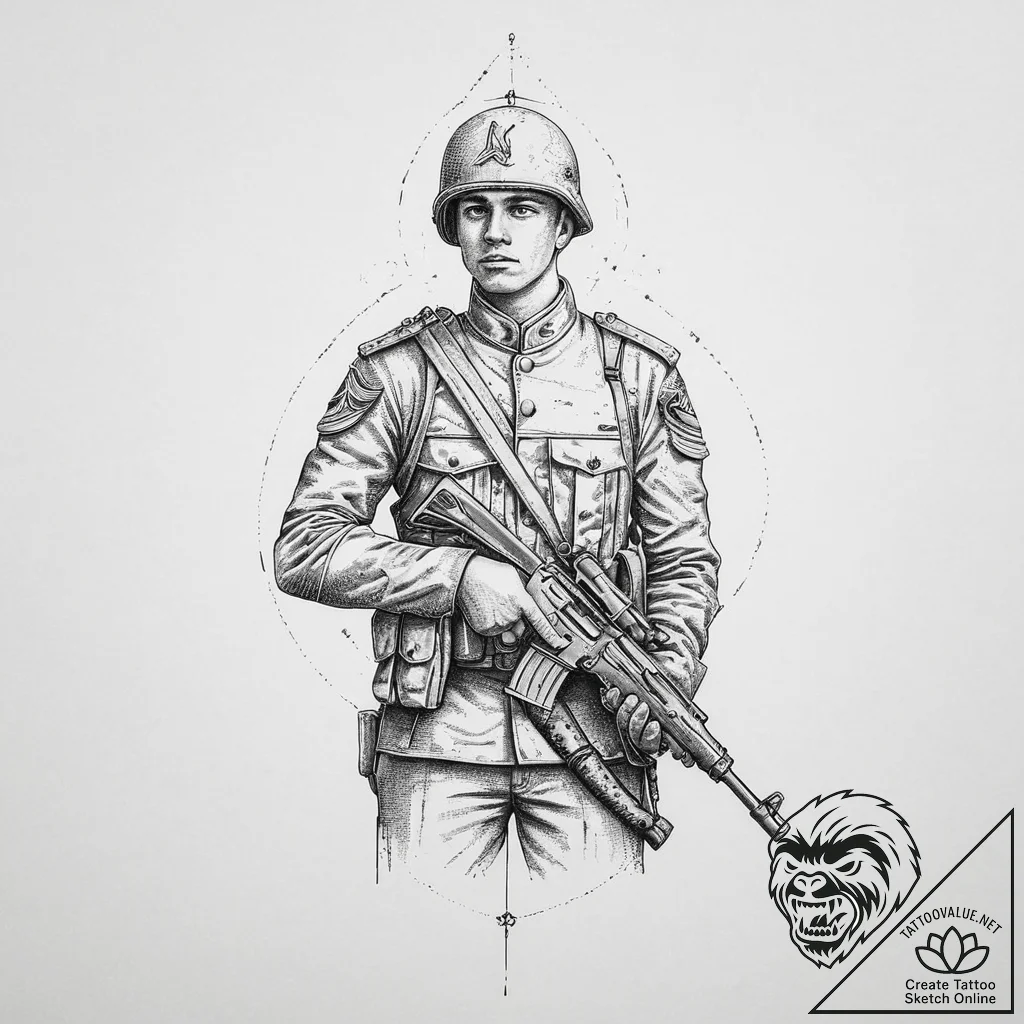 Tattoo sketch soldier with a scroll, ink illu... - tattoo sketch (№1757176360_0, 06.09.2025 16:32) — tattoovalue.net