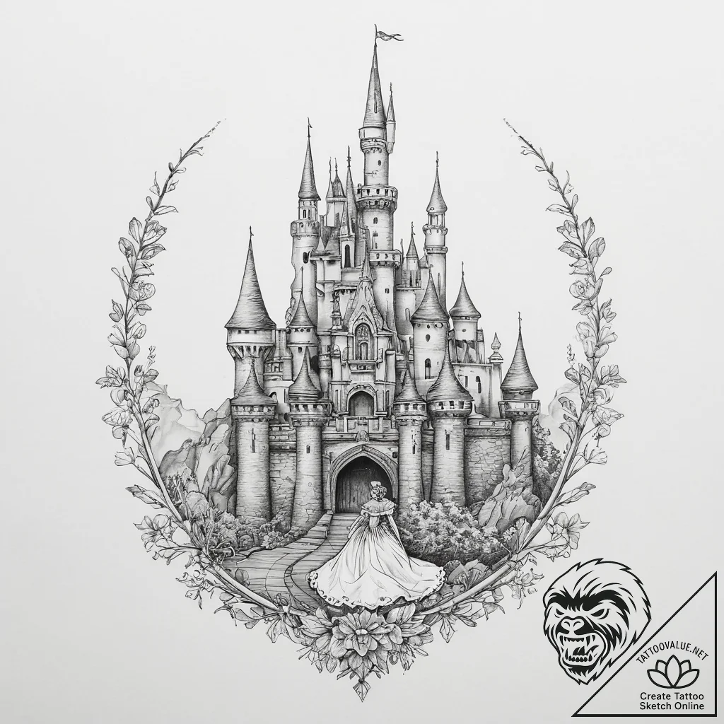 Tattoo sketch sleeping beauty castle - tattoo sketch (№1757191552_0, 06.09.2025 20:45) — tattoovalue.net