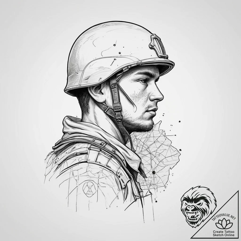 Tattoo sketch soldier with a map, concept art... - tattoo sketch (№1757195555_0, 06.09.2025 21:52) — tattoovalue.net