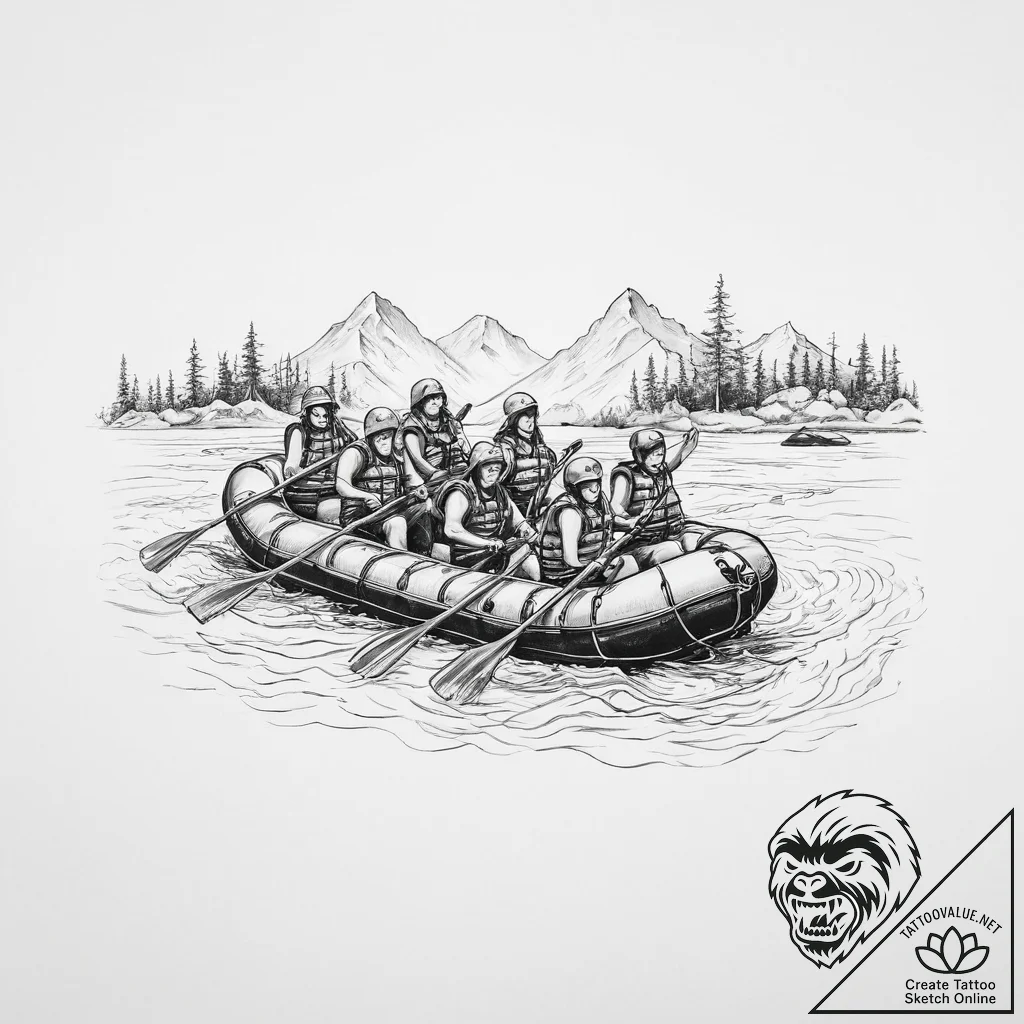 Tattoo sketch rafting a raft on a river - tattoo sketch (№1757197757_0, 06.09.2025 22:29) — tattoovalue.net