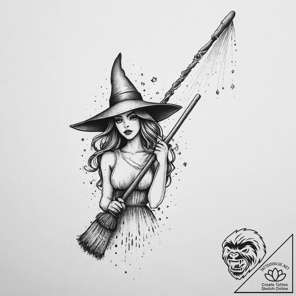 Tattoo sketch broom with a witch, tattoo sket... - tattoo sketch (№1757200160_0, 06.09.2025 23:09) — tattoovalue.net