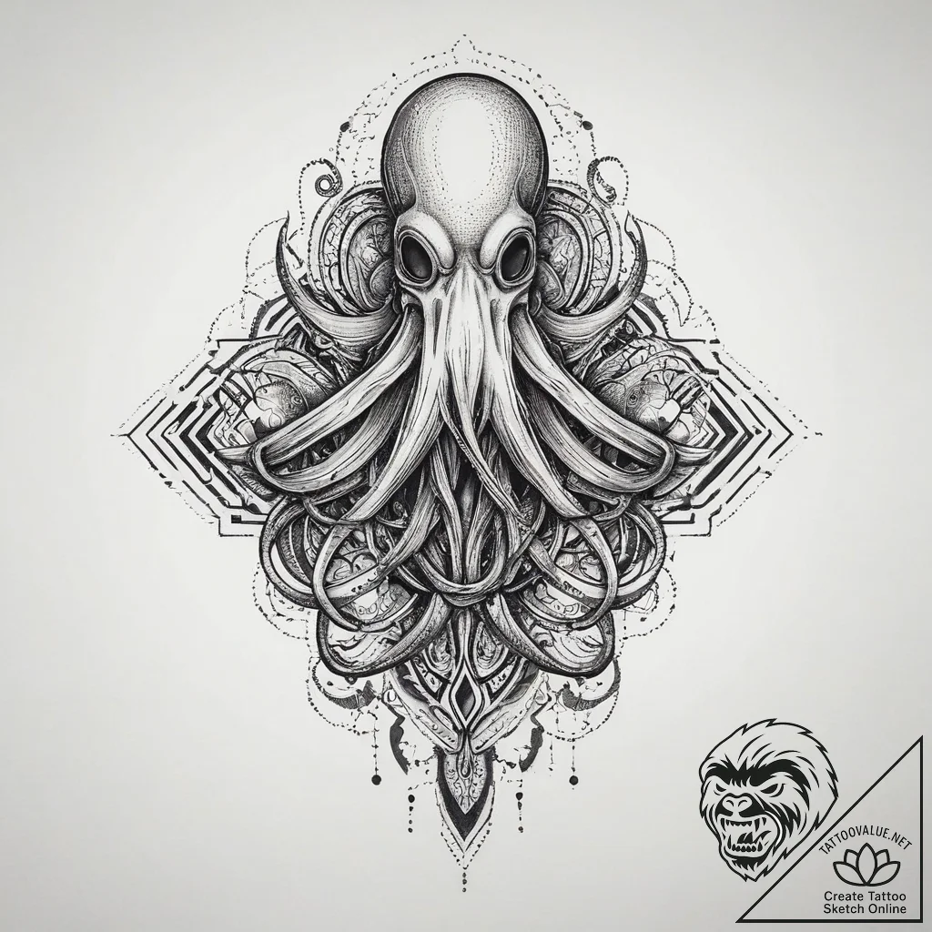 Tattoo sketch squid, concept art for tattoo,... - tattoo sketch (№1757207726_0, 07.09.2025 01:15) — tattoovalue.net