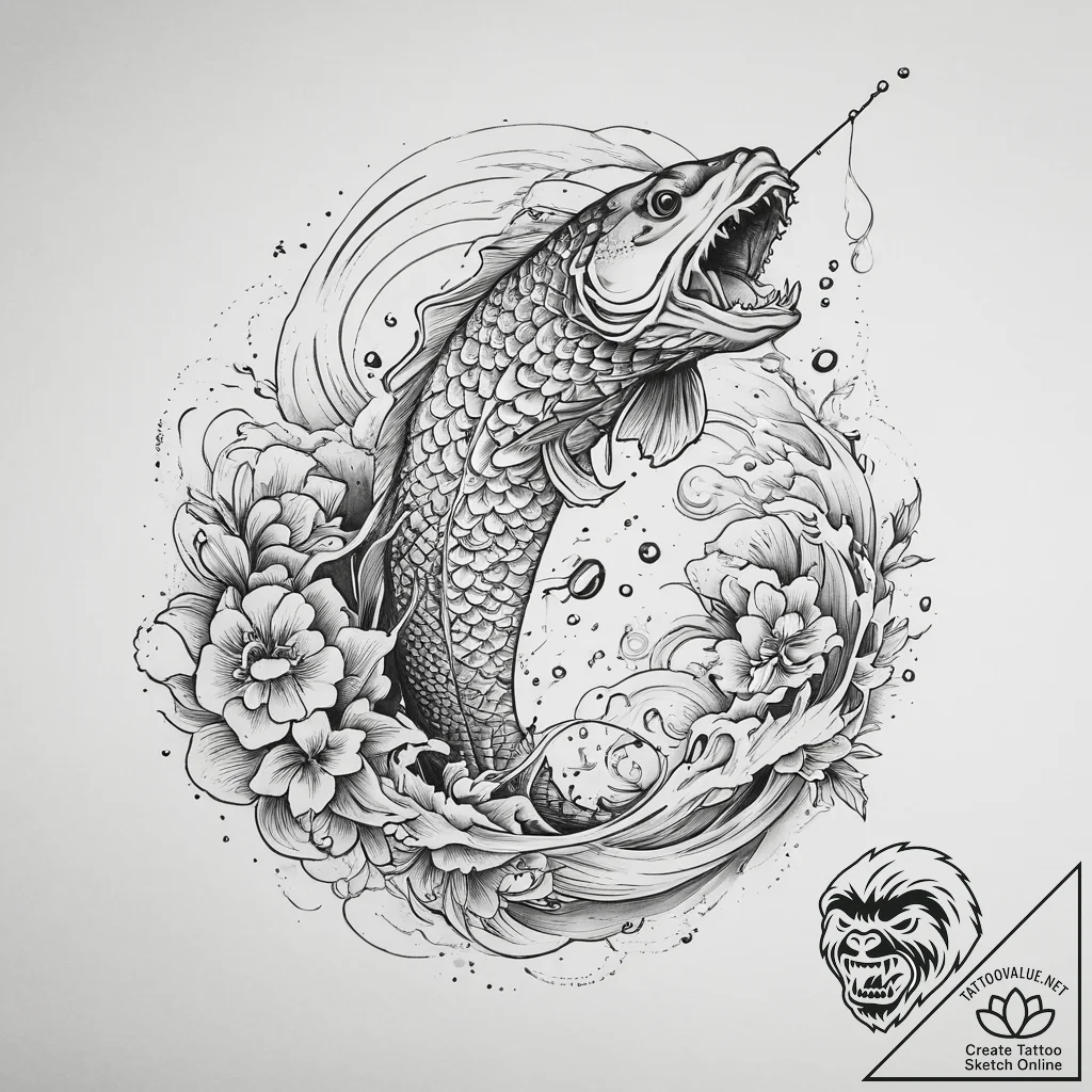 Tattoo sketch fishing fishing rod and a jumpi... - tattoo sketch (№1757208130_0, 07.09.2025 01:22) — tattoovalue.net