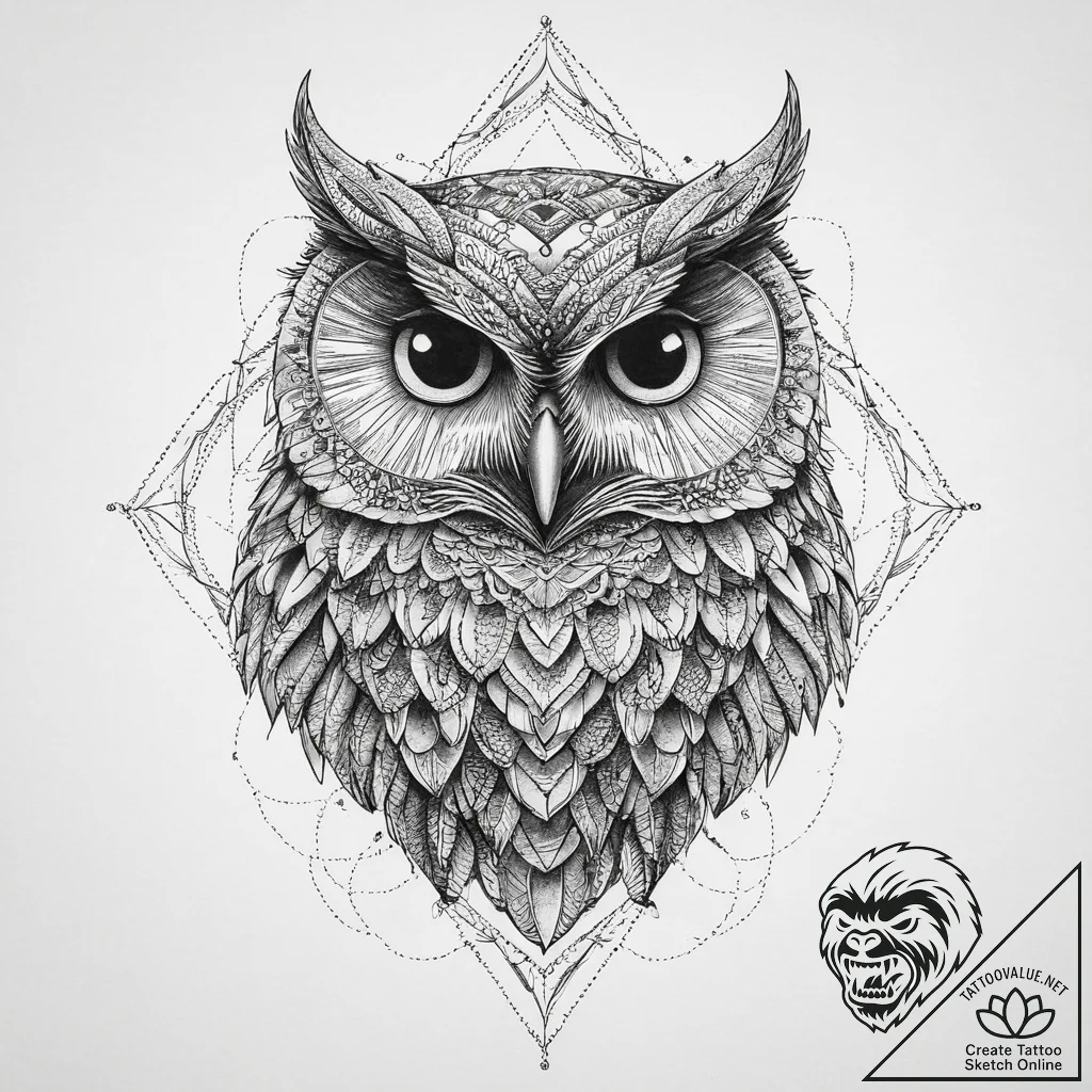 Tattoo sketch owl, ink illustration for tatto... - tattoo sketch (№1757221473_0, 07.09.2025 05:04) — tattoovalue.net
