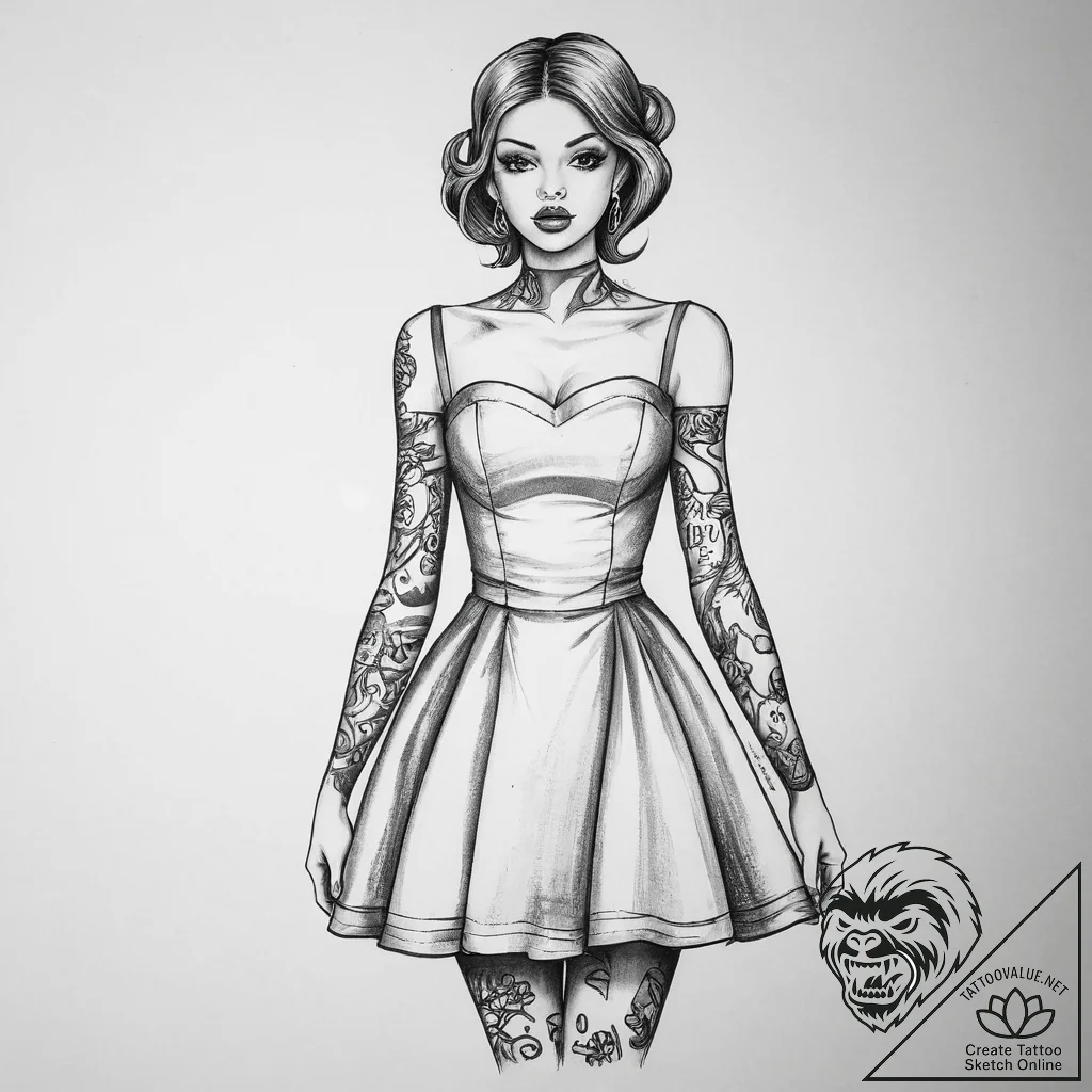 Tattoo sketch tailor's dummy with a dress, ar... - tattoo sketch (№1757221874_0, 07.09.2025 05:11) — tattoovalue.net