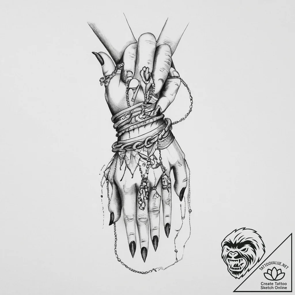 Tattoo sketch hands with a chain, ink illustr... - tattoo sketch (№1757239943_0, 07.09.2025 10:12) — tattoovalue.net