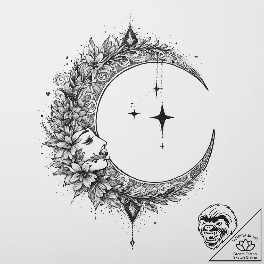 Tattoo sketch crescent moon and stars, tattoo... - tattoo sketch (№1757250472_0, 07.09.2025 13:07) — tattoovalue.net