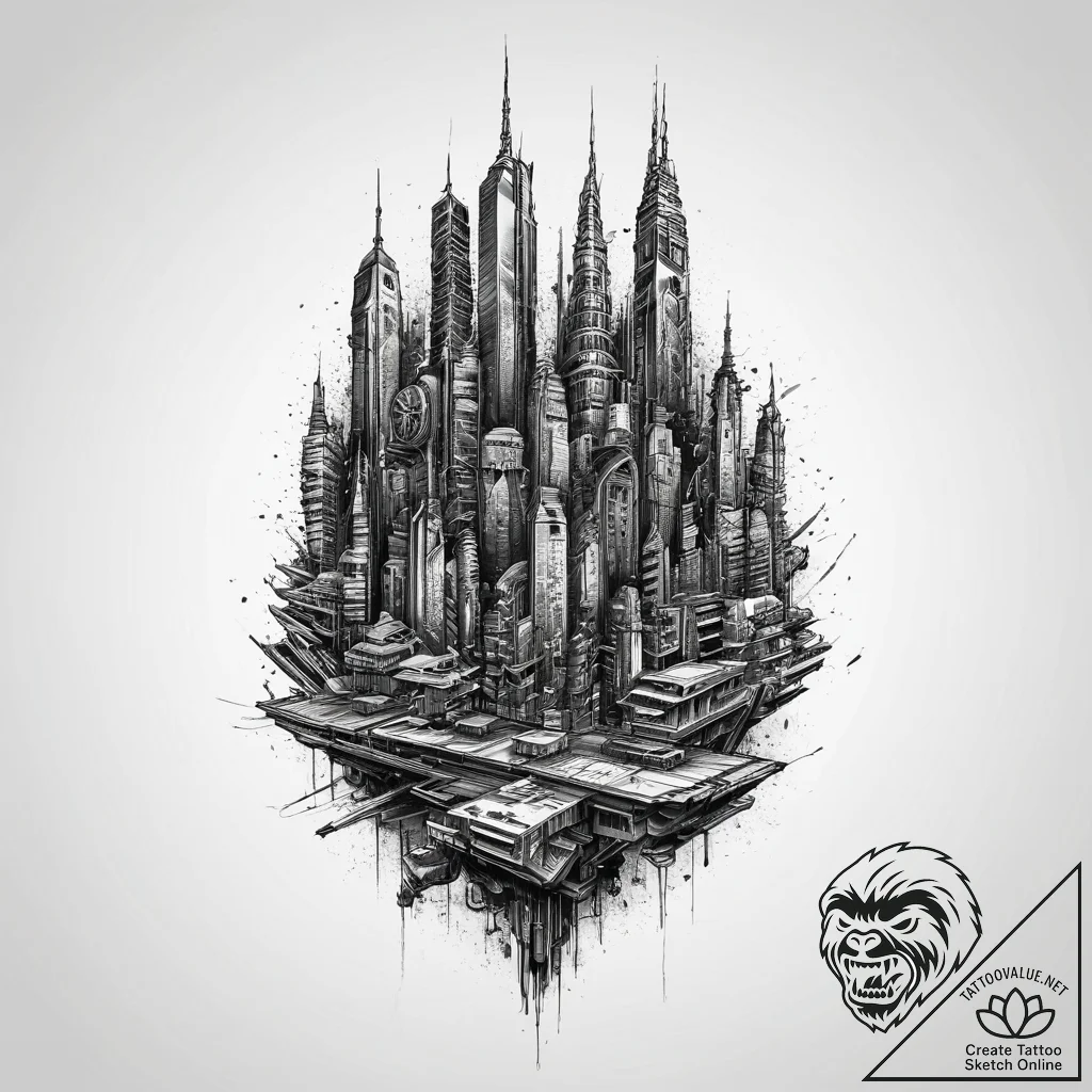 Tattoo sketch cyberpunk cityscape, tattoo lin... - tattoo sketch (№1757255076_0, 07.09.2025 14:24) — tattoovalue.net
