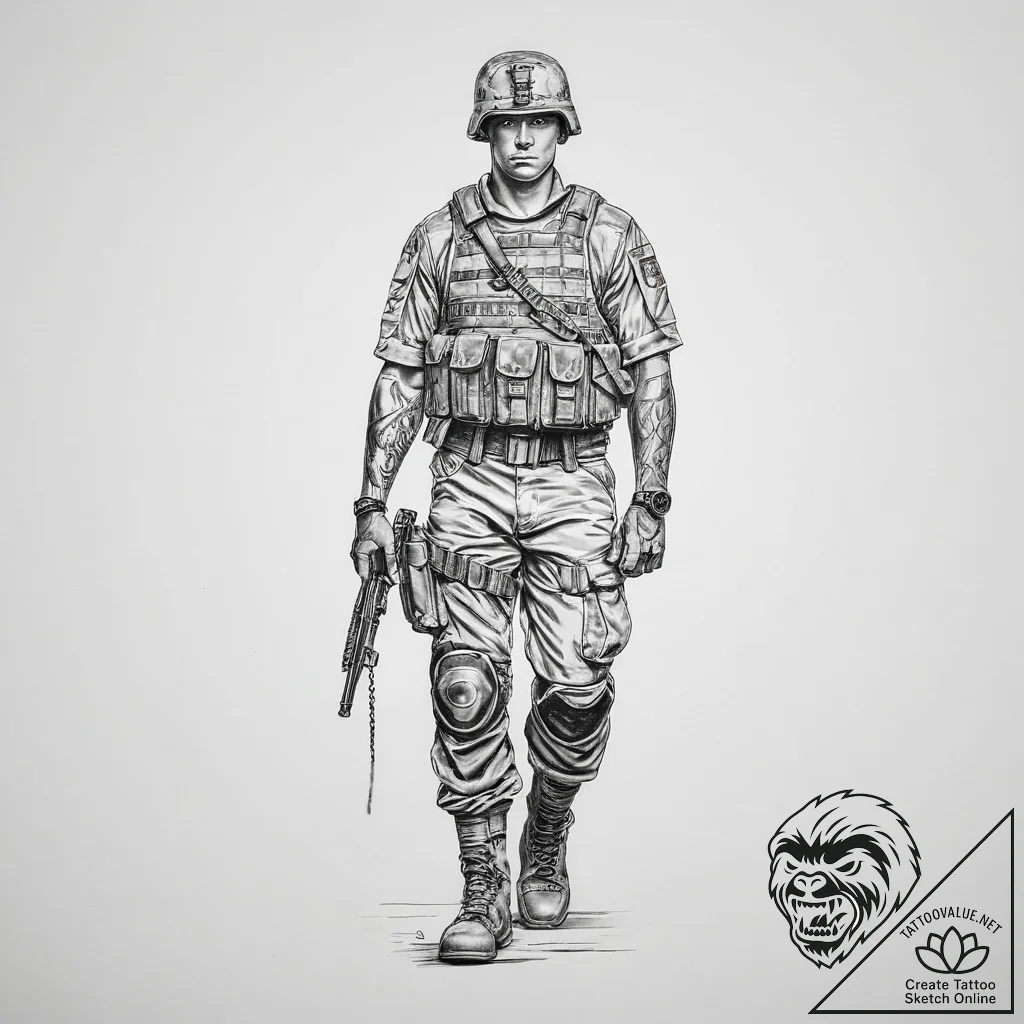Tattoo sketch soldier with a key - tattoo sketch (№1757266621_0, 07.09.2025 17:37) — tattoovalue.net