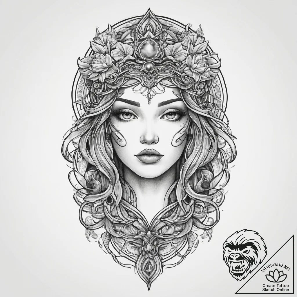 Tattoo sketch goddess tattoo, artistic tattoo... - tattoo sketch (№1757270231_0, 07.09.2025 18:37) — tattoovalue.net