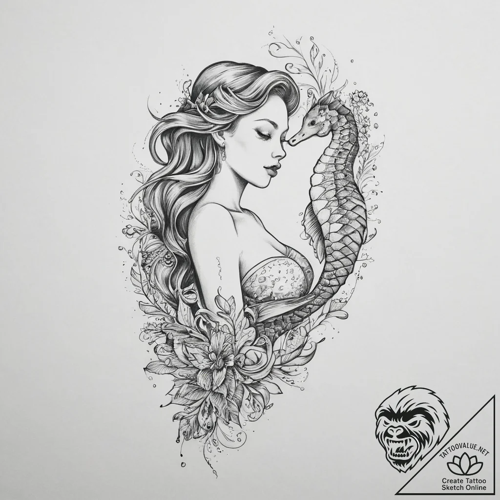 Tattoo sketch mermaid with a seahorse, tattoo... - tattoo sketch (№1757274251_0, 07.09.2025 19:44) — tattoovalue.net