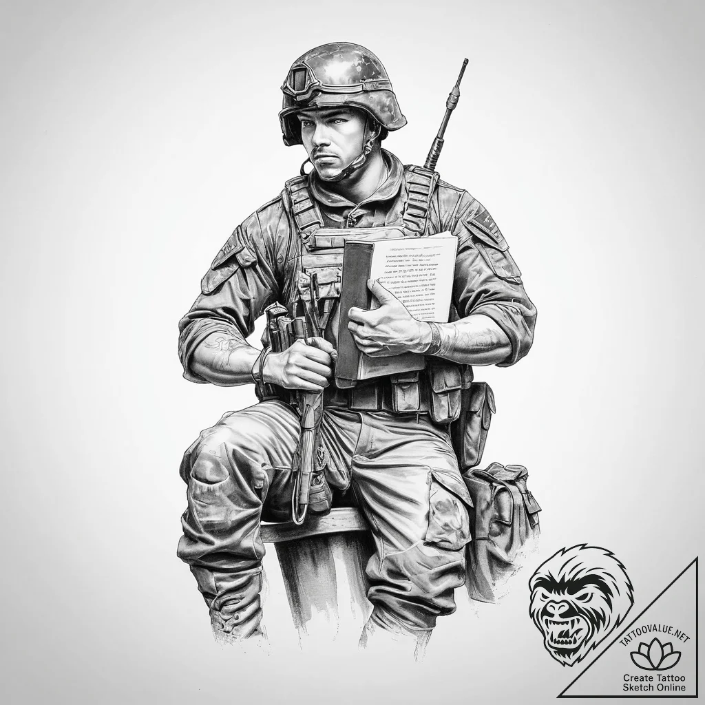 Tattoo sketch soldier with a book - tattoo sketch (№1757274852_0, 07.09.2025 19:54) — tattoovalue.net