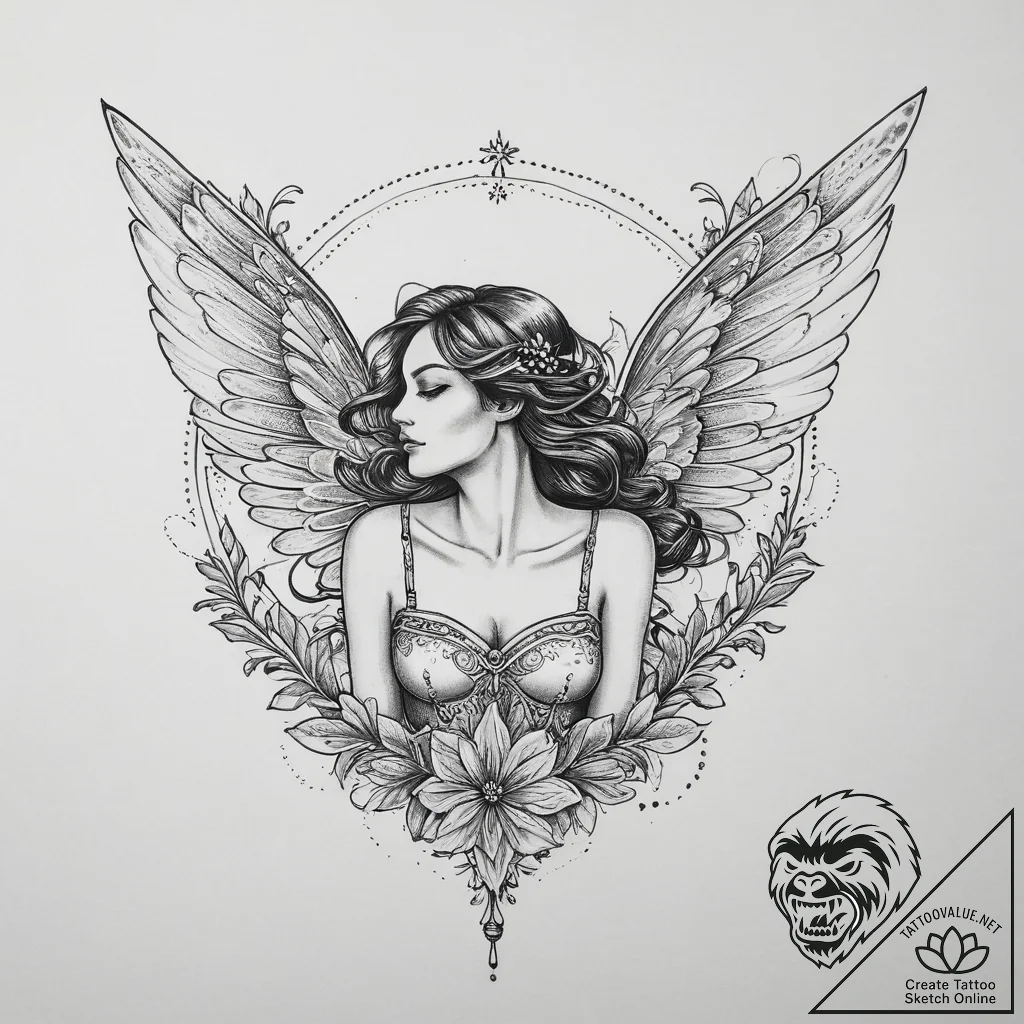 Tattoo sketch fairy flying, tattoo flash shee... - tattoo sketch (№1757282061_0, 07.09.2025 21:54) — tattoovalue.net