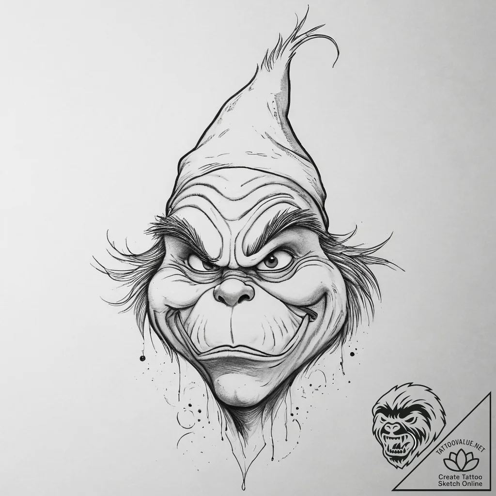 Tattoo sketch the grinch with a feather, tatt... - tattoo sketch (№1757288881_0, 07.09.2025 23:48) — tattoovalue.net