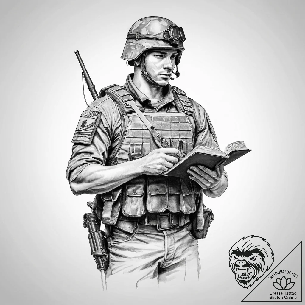 Tattoo sketch soldier with a book - tattoo sketch (№1757297338_0, 08.09.2025 02:08) — tattoovalue.net