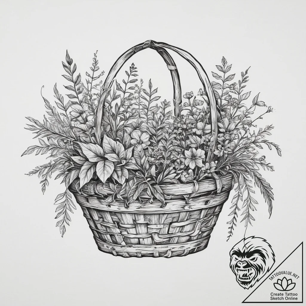 Tattoo sketch foraging a basket of herbs, ink... - tattoo sketch (№1757302293_0, 08.09.2025 03:31) — tattoovalue.net