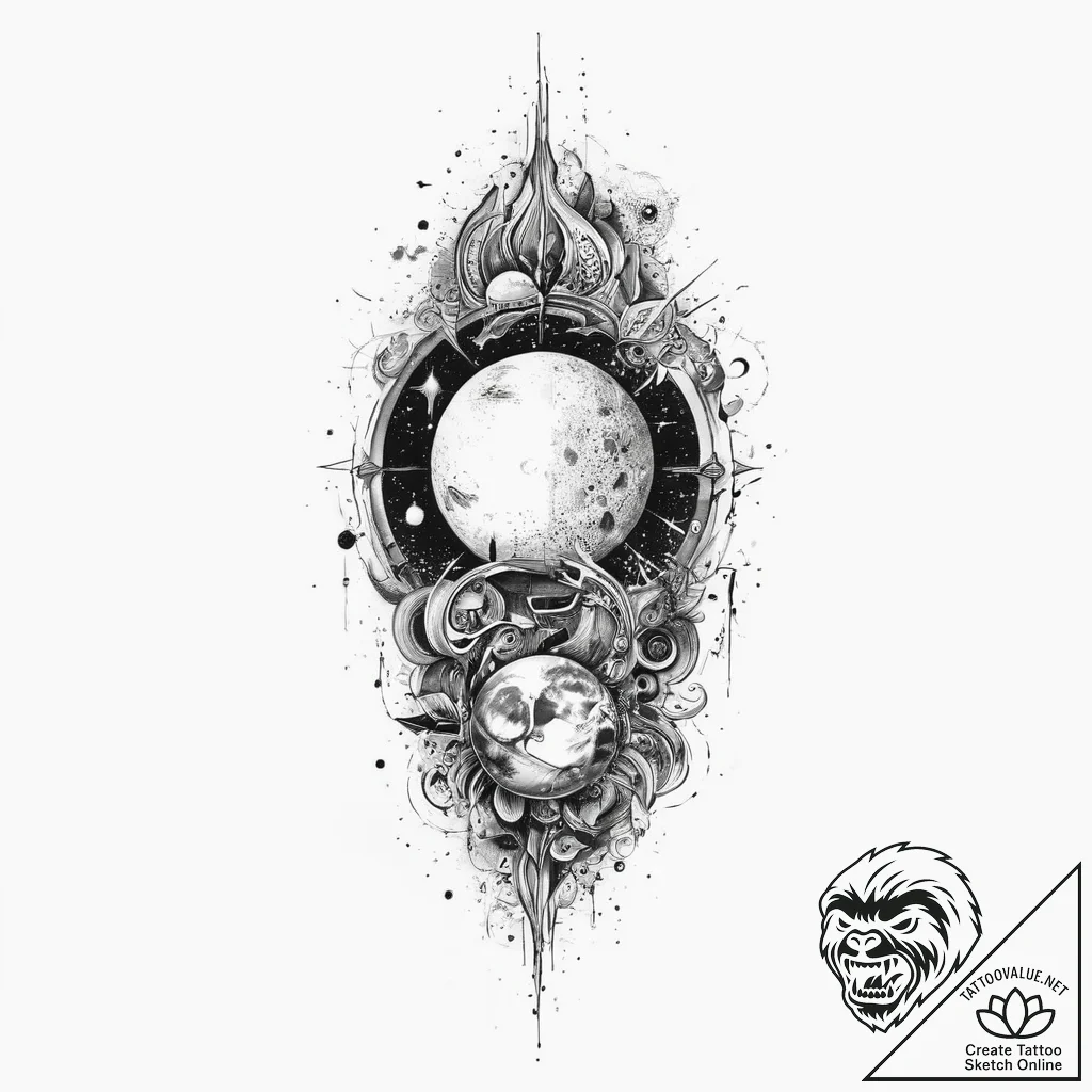 Tattoo sketch cosmic realm, ink illustration... - tattoo sketch (№1757308789_0, 08.09.2025 05:19) — tattoovalue.net