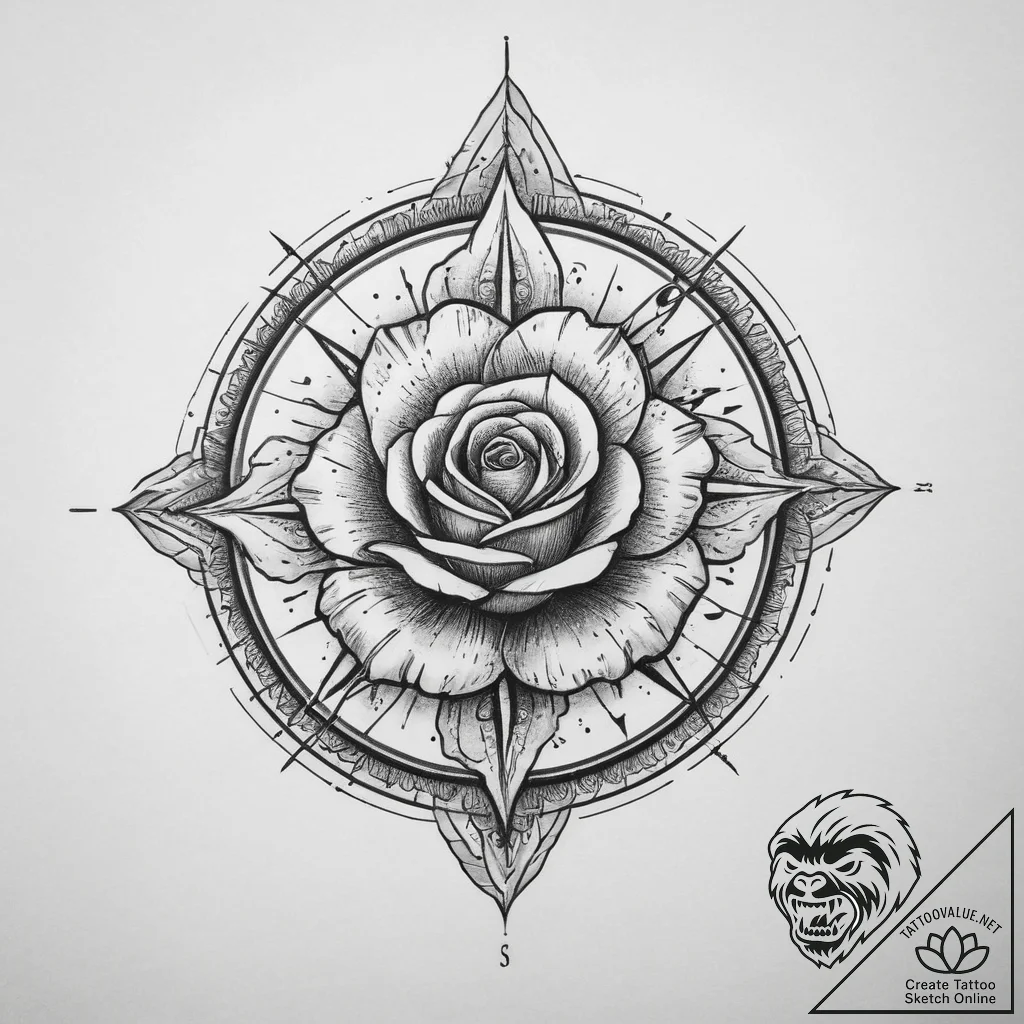 Tattoo sketch rose compass, ink illustration... - tattoo sketch (№1757316206_0, 08.09.2025 07:23) — tattoovalue.net