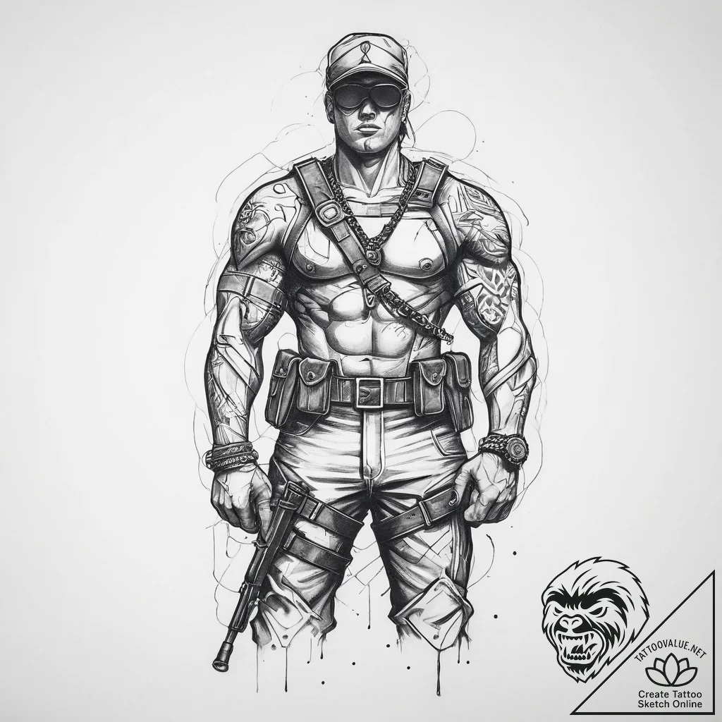 Tattoo sketch soldier with a chain, tattoo dr... - tattoo sketch (№1757334342_0, 08.09.2025 12:25) — tattoovalue.net