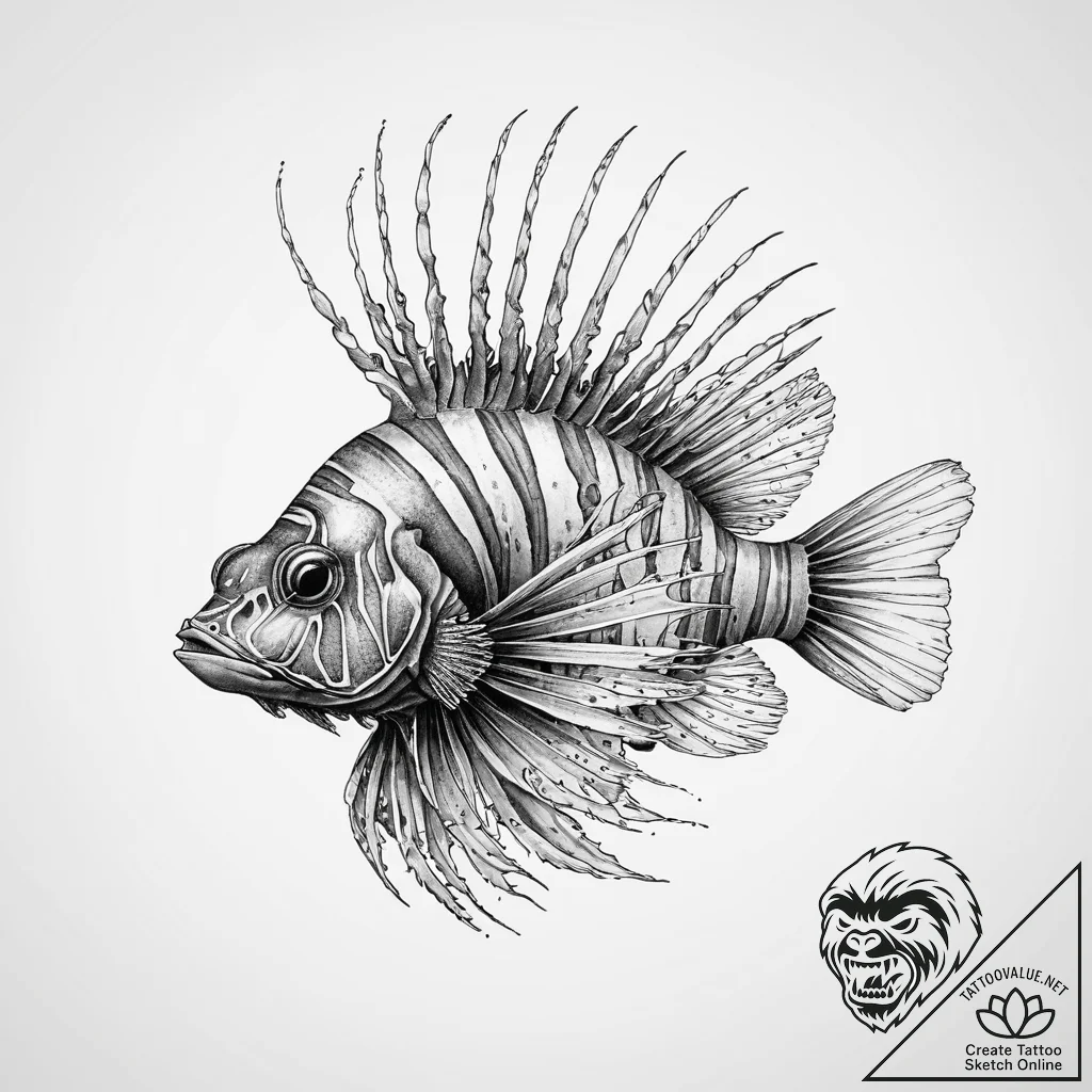 Tattoo sketch lionfish, concept art for tatto... - tattoo sketch (№1757340895_0, 08.09.2025 14:14) — tattoovalue.net