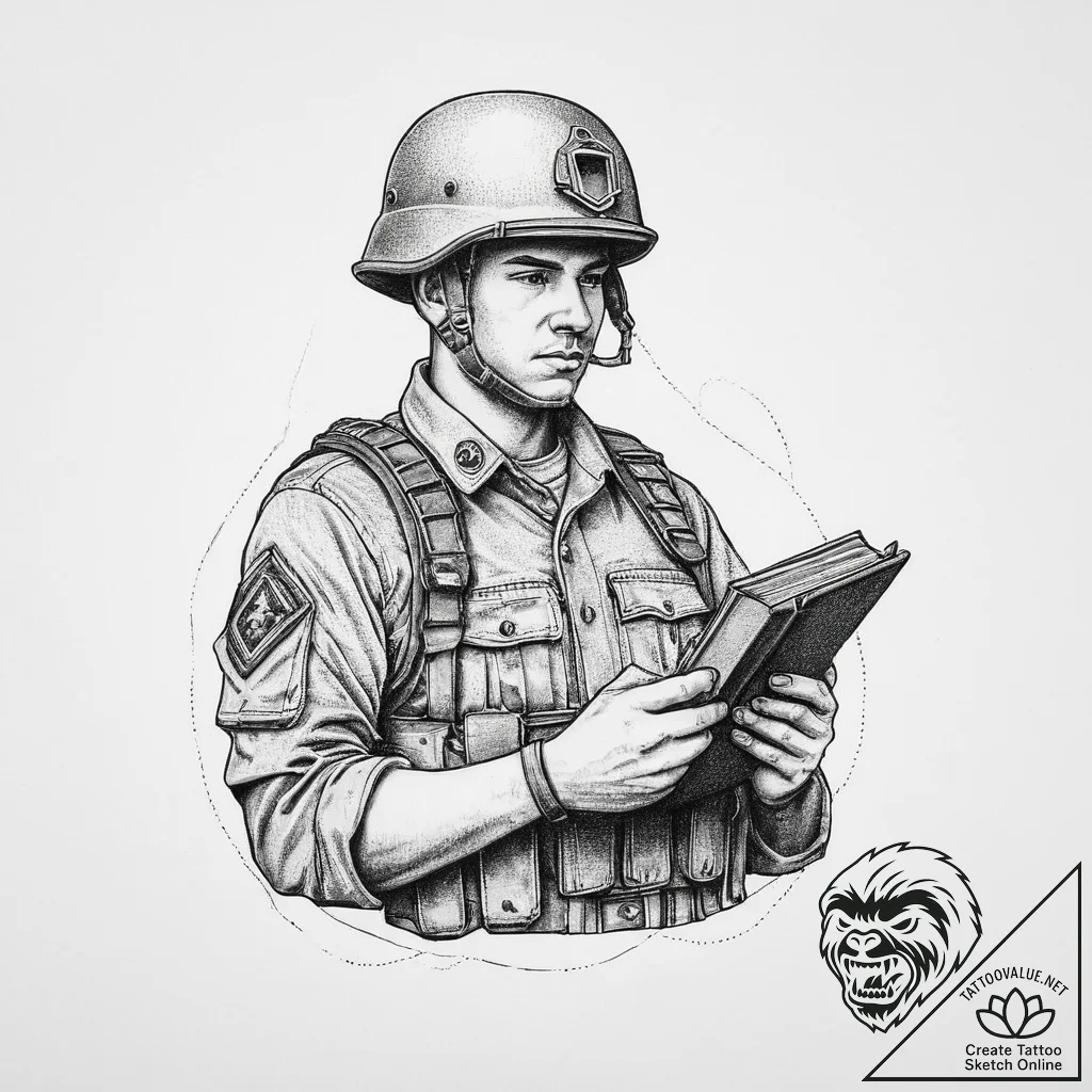 Tattoo sketch soldier with a book, concept ar... - tattoo sketch (№1757348092_0, 08.09.2025 16:14) — tattoovalue.net
