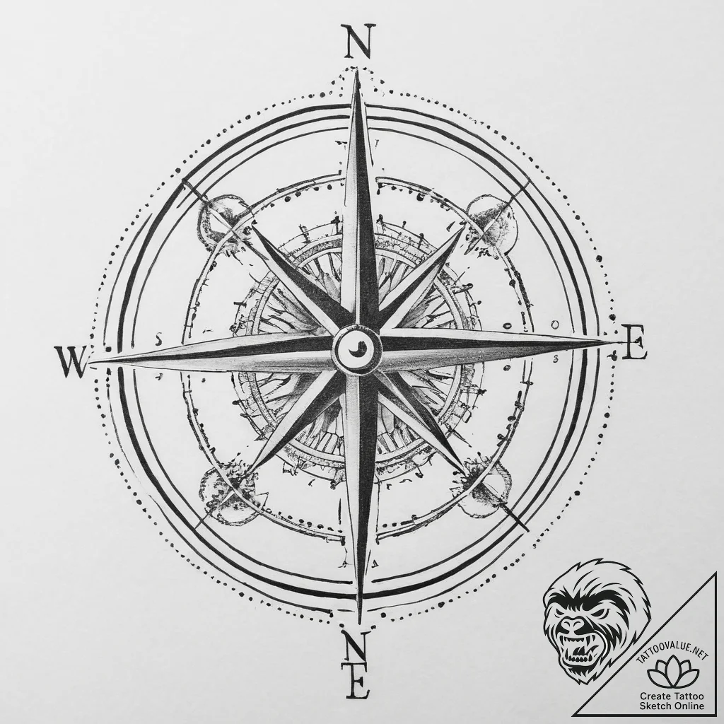 Tattoo sketch compass, ink illustration for t... - tattoo sketch (№1757357055_0, 08.09.2025 18:44) — tattoovalue.net