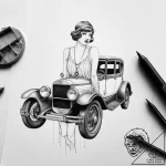 Tattoo sketch 1920s flapper with a vintage ca… – tattoo sketch (№1757374748_0, 08.09.2025 23:39) — tattoovalue.net