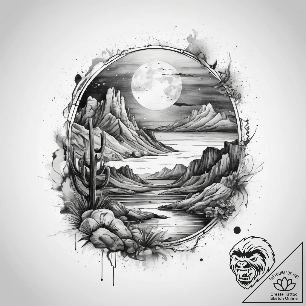 Tattoo sketch desert, tattoo line art, on a c... - tattoo sketch (№1757375943_0, 08.09.2025 23:59) — tattoovalue.net