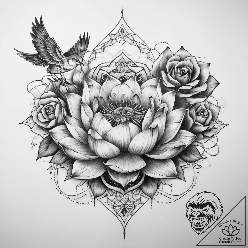 Tattoo sketch lotus with a bird, tattoo sketc... - tattoo sketch (№1757377729_0, 09.09.2025 00:28) — tattoovalue.net