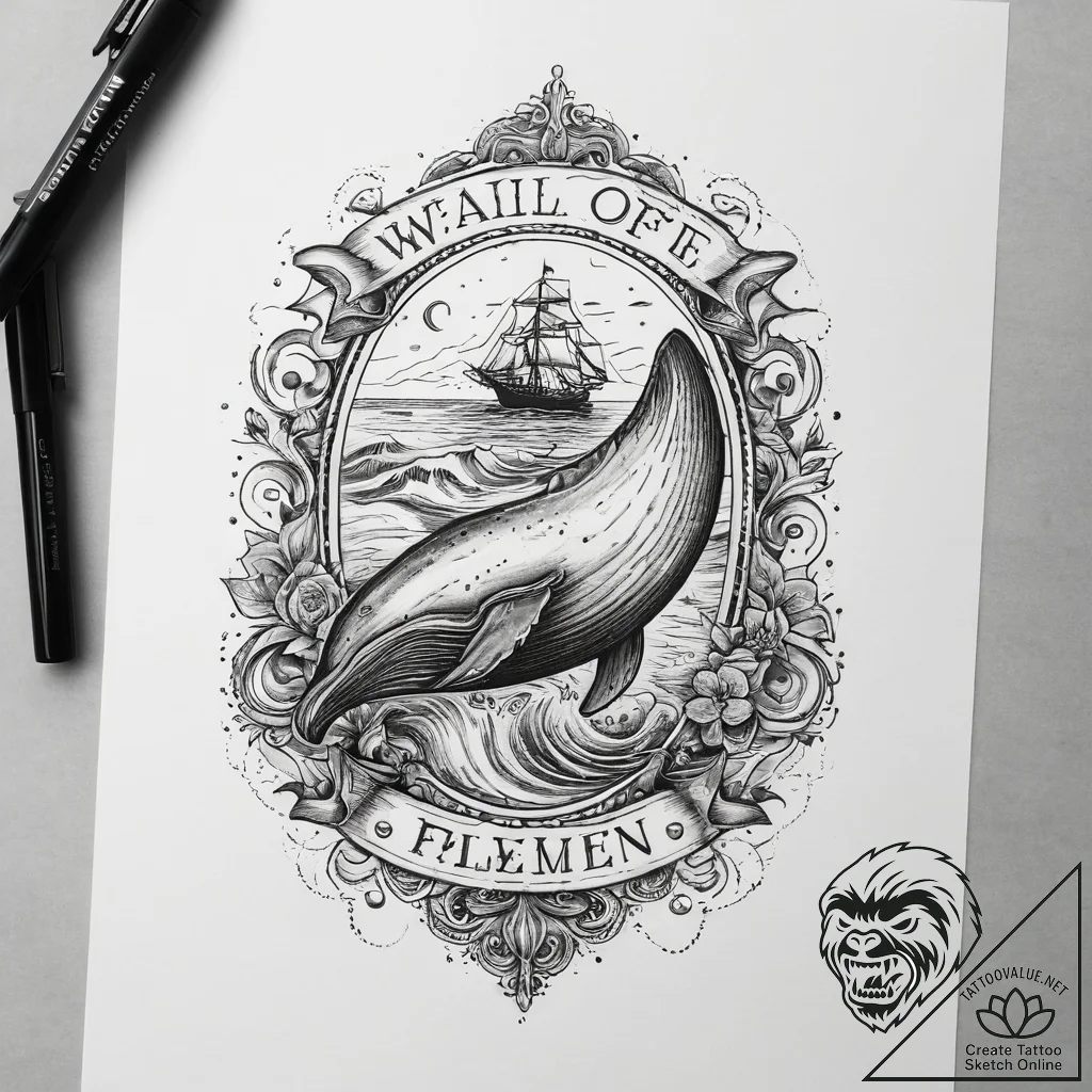 Tattoo sketch puns a whale with a "wail of a... - tattoo sketch (№1757378330_0, 09.09.2025 00:38) — tattoovalue.net