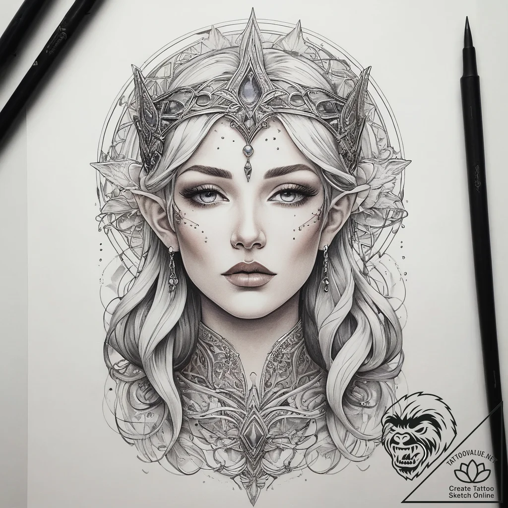 Tattoo sketch elven queen beauty, tattoo flas... - tattoo sketch (№1757378932_0, 09.09.2025 00:48) — tattoovalue.net