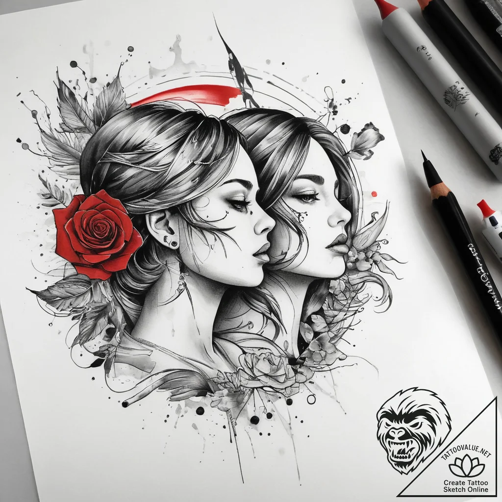 Tattoo sketch romantic sunrise with a couple,... - tattoo sketch (№1757382311_0, 09.09.2025 01:45) — tattoovalue.net