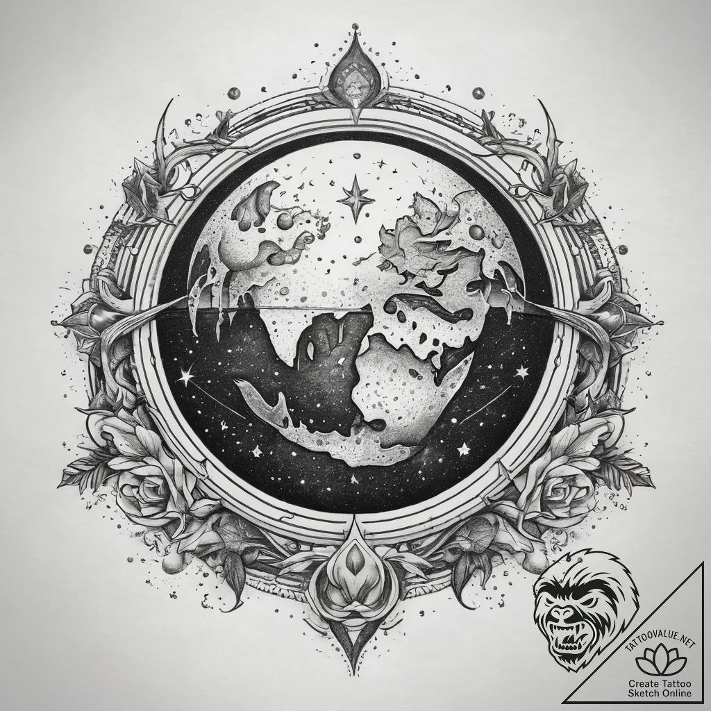 Tattoo sketch cosmic earth, concept art for t... - tattoo sketch (№1757385876_0, 09.09.2025 02:44) — tattoovalue.net