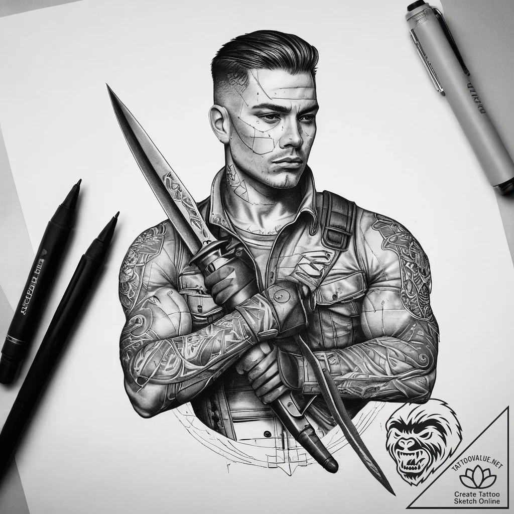 Tattoo sketch soldier with a scissors, tattoo... - tattoo sketch (№1757396375_0, 09.09.2025 05:39) — tattoovalue.net