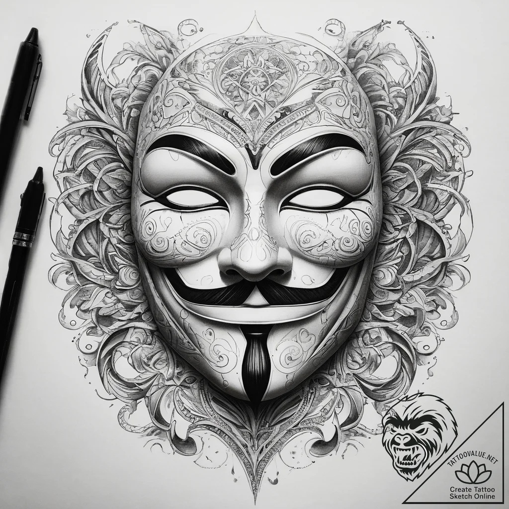 Tattoo sketch v for vendetta mask, concept ar... - tattoo sketch (№1757399542_0, 09.09.2025 06:32) — tattoovalue.net