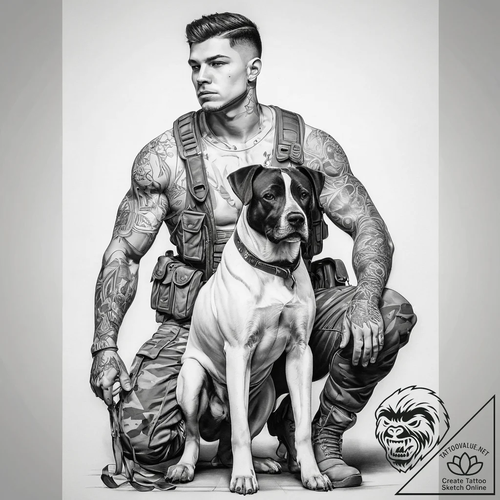 Tattoo sketch soldier and a dog, tattoo drawi... - tattoo sketch (№1757415174_0, 09.09.2025 10:52) — tattoovalue.net