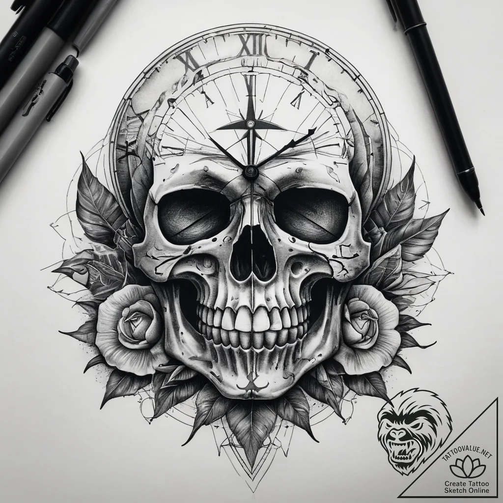 Tattoo sketch clock and a skull, ink illustra... - tattoo sketch (№1757418670_0, 09.09.2025 11:51) — tattoovalue.net